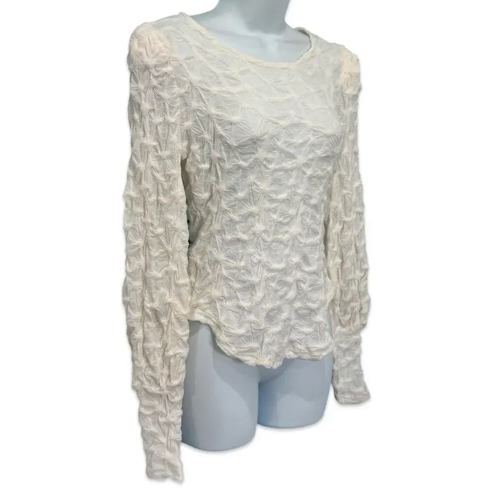 Anthropologie BTFL Life Ivory Textured Popcorn Bishop Sleeve Blouse Sz S NEW Tag